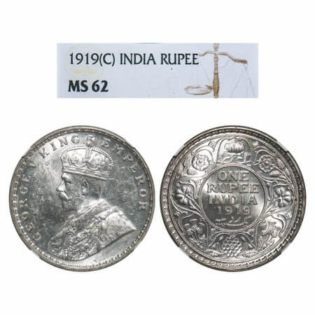 George V, Silver, Rupee, 1919, Calcutta Mint, No dot, Elephant. F. Prid 215. GK 1039. NGC 