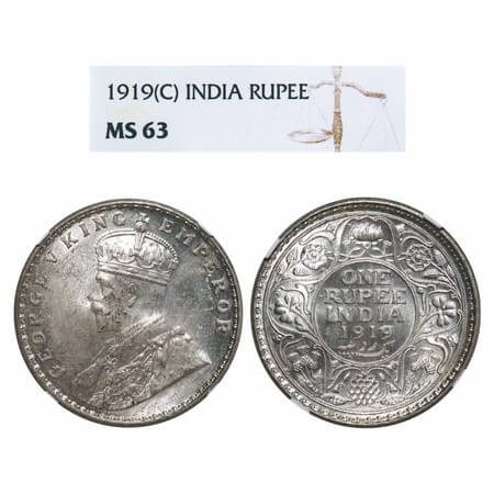 George V, Silver, Rupee, 1919, Calcutta Mint, No dot, Elephant. F. Prid 215. GK 1039. NGC 