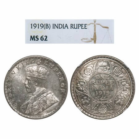George V, Silver, Rupee, 1919, Bombay Mint, Dot, Elephant. F. Prid 225. GK 1040. NGC Slabb