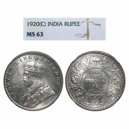 George V, Silver, Rupee, 1920, Calcutta Mint, No dot, Elephant. F. Prid 216. GK 1041. NGC 
