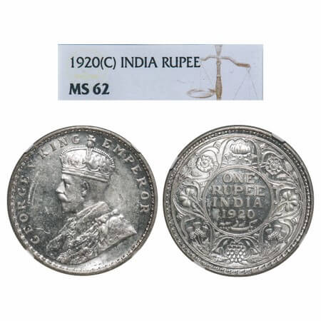 George V, Silver, Rupee, 1920, Calcutta Mint, No dot, Elephant. F. Prid 216. GK 1041. NGC 