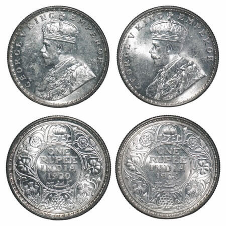 George V, Silver, Rupee, (2 coins), 1920, Calcutta Mint, No dot, Elephant, Ghost on Rev, 2