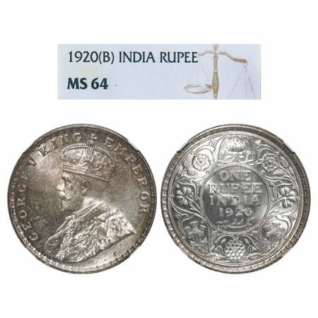 George V, Silver, Rupee, 1920, Bombay Mint, Dot, Elephant. F. Prid 226. GK 1042. NGC Slabb