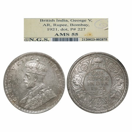 George V, Silver, Rupee, 1921, Bombay Mint, Dot, Elephant. F. Prid 227. GK 1043. NGS Slabb