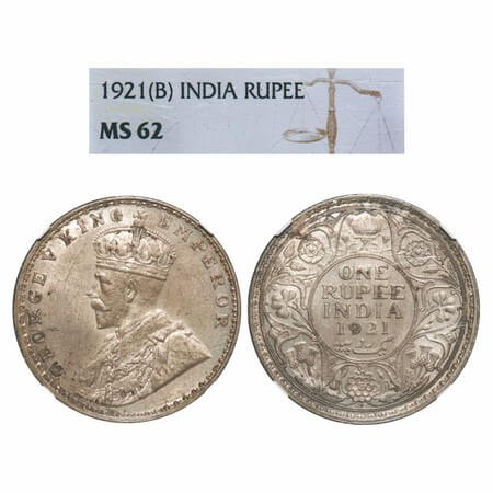 George V, Silver, Rupee, 1921, Bombay Mint, Dot, Elephant. F. Prid 227. GK 1043. NGS Slabb