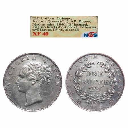 Victoria Queen, Silver, Rupee, 1840, CL, Madras Mint, A/IV, 'S' incused, English Head with