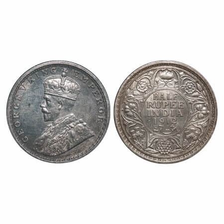 George V, Silver, Half Rupee, 1912, Bombay Mint, Dot, Re drawn Elephant. F. Prid 336. GK 1