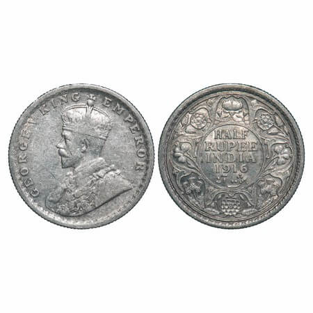 George V, Silver, Half Rupee, 1916, Calcutta Mint, No dot. F. Prid 323. GK 1053. Very Fine
