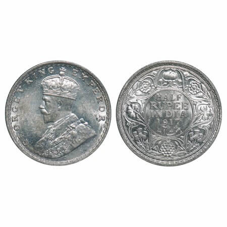 George V, Silver, Half Rupee, 1917, Bombay Mint, Dot. F. Prid 341. GK 1055. Brilliant Unci