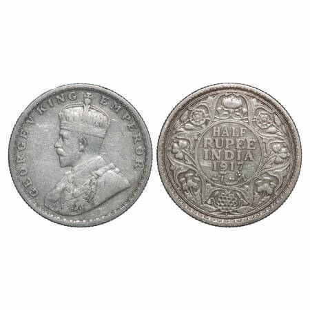 George V, Silver, Half Rupee, 1917, Bombay Mint, Dot. F. Prid 341. GK 1055. Very Fine+. Sc