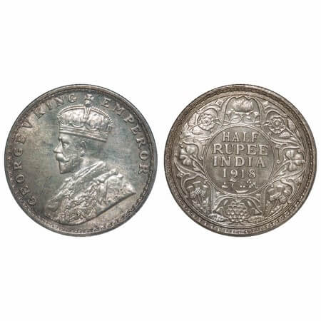 George V, Silver, Half Rupee, 1918, Bombay Mint, Dot. F. Prid 342. GK 1056. Uncirculated. 
