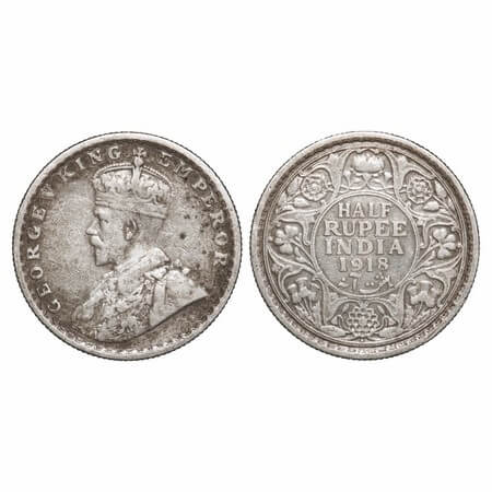 George V, Silver, Half Rupee, 1918, Bombay Mint, Dot. F. Prid 342. GK 1056. Very Fine+. Sc