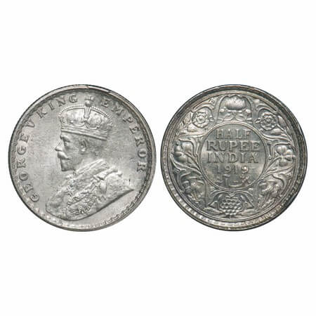 George V, Silver, Half Rupee, 1919, Bombay Mint, Dot, Ghost on Rev, Cud Error on Rev rim e