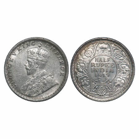 George V, Silver, Half Rupee, 1919, Bombay Mint, Dot. F. Prid 343. GK 1057. Uncirculated.