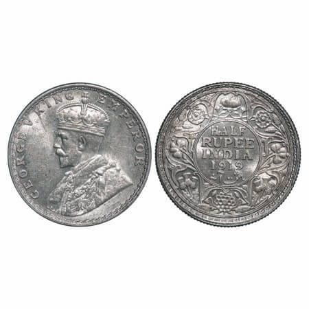 George V, Silver, Half Rupee, 1919, Bombay Mint, Dot. F. Prid 343. GK 1057. Uncirculated. 