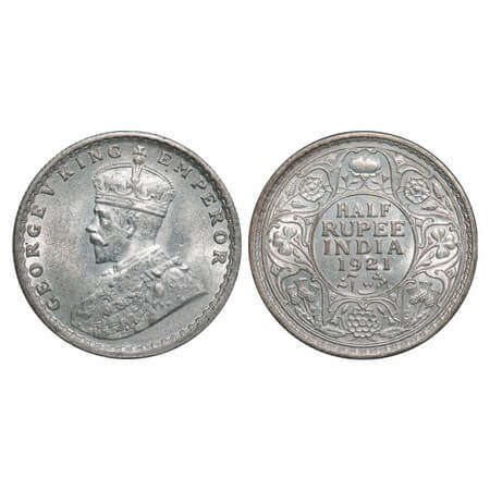 George V, Silver, Half Rupee, 1921, Calcutta Mint, No dot. F. Prid 324. GK 1058. Uncircula