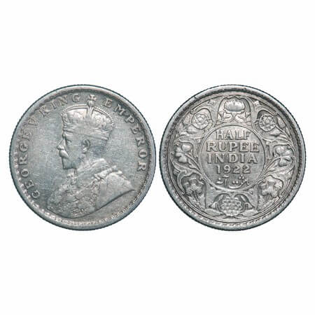 George V, Silver, Half Rupee, 1922, Calcutta Mint, No dot. F. Prid 325. GK 1059. Very Fine