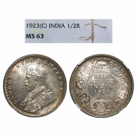 George V, Silver, Half Rupee, 1923, Calcutta Mint, No dot. F. Prid 326. GK 1061. NGC Slabb