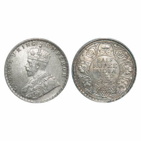 George V, Silver, Half Rupee, 1925, Bombay Mint, Dot. F. Prid 347. GK 1066. Almost Uncircu