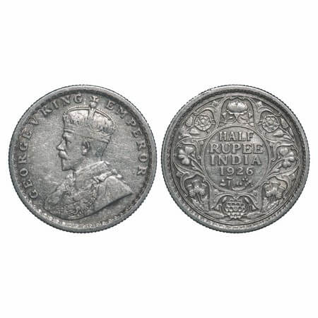 George V, Silver, Half Rupee, 1926, Calcutta Mint, No dot. F. Prid 329. GK 1067. Very Fine