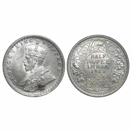 George V, Silver, Half Rupee, 1926, Calcutta Mint, No dot. F. Prid 329. GK 1067. Uncircula