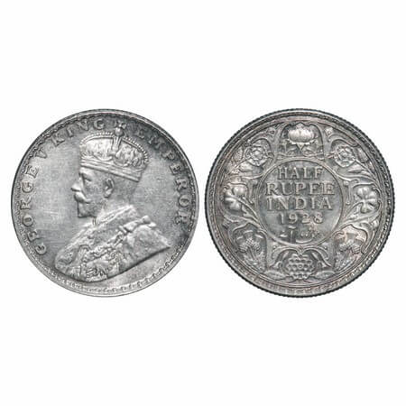 George V, Silver, Half Rupee, 1928, Bombay Mint, Dot. F. Prid 349. GK 1070. Almost Uncircu