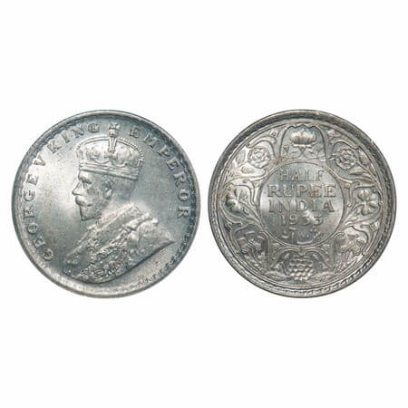 George V, Silver, Half Rupee, 1933, Calcutta Mint, No dot. F. Prid 333. GK 1073. Uncircula