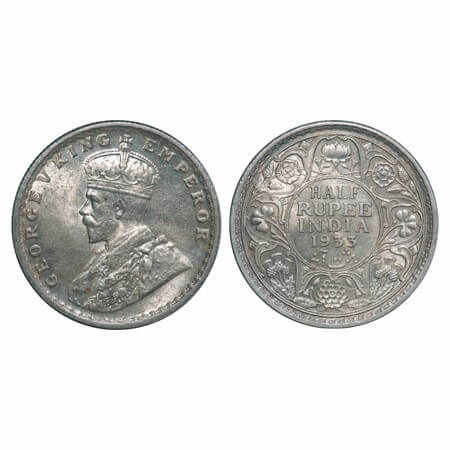 George V, Silver, Half Rupee, 1933, Calcutta Mint, No dot. F. Prid 333. GK 1073. Uncircula