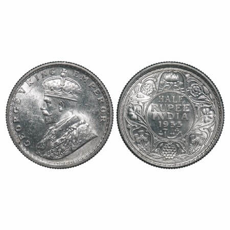George V, Silver, Half Rupee, 1933, Calcutta Mint, No dot. F. Prid 333. GK 1073. Uncircula