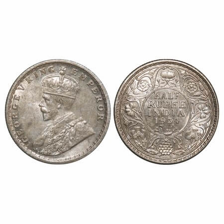 George V, Silver, Half Rupee, 1934, Calcutta Mint, No dot. F. Prid 334. GK 1074. Brilliant