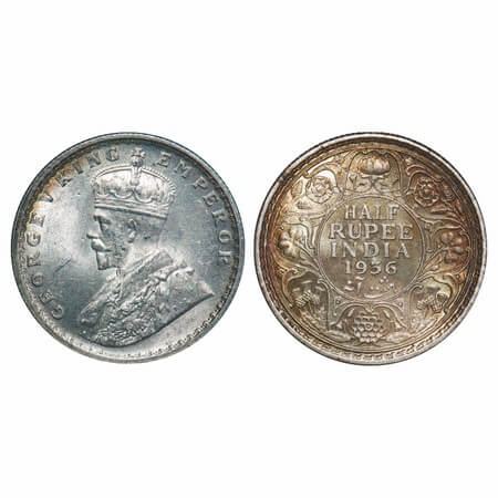 George V, Silver, Half Rupee, 1936, Calcutta Mint, No dot. F. Prid 335. GK 1075. Uncircula