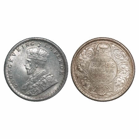 George V, Silver, Half Rupee, 1936, Calcutta Mint, No dot. F. Prid 335. GK 1075. Uncircula