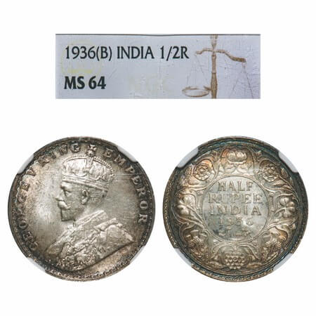 George V, Silver, Half Rupee, 1936, Bombay Mint, Dot. F. Prid 350. GK 1076. NGC Slabbed MS