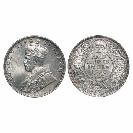 George V, Silver, Half Rupee, 1936, Bombay Mint, Dot. F. Prid 350. GK 1076. Uncirculated. 