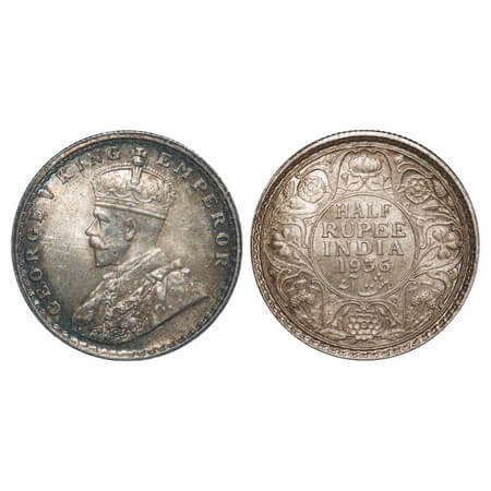 George V, Silver, Half Rupee, 1936, Bombay Mint, Dot. F. Prid 350. GK 1076. Uncirculated, 