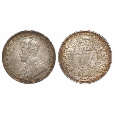 George V, Silver, Half Rupee, 1936, Bombay Mint, Dot. F. Prid. GK 1076. Uncirculated, Tone