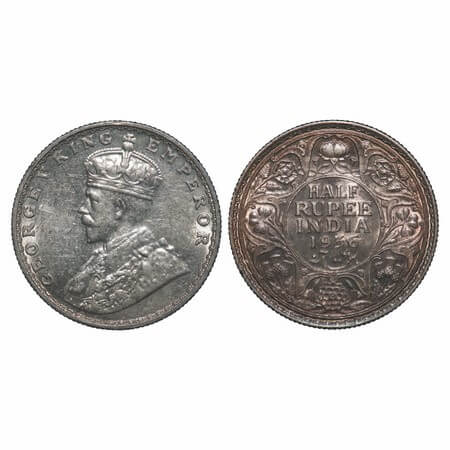 George V, Silver, Half Rupee, 1936, Bombay Mint, Dot, Ghost on Rev. F. Prid 350. GK 1076. 