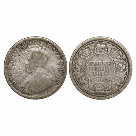 George V, Silver, 1/4 Rupee, 1913, Bombay Mint, Dot, Error, Sun Burst on Obv and Rev. Fine