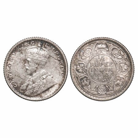 George V, Silver, 1/4 Rupee, 1913, Calcutta Mint, No dot. F. Prid 440. GK 1083. Extremely 