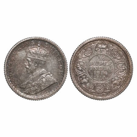 George V, Silver, 1/4 Rupee, 1914, Calcutta Mint, No dot. F. Prid 443. GK 1085. Extremely 