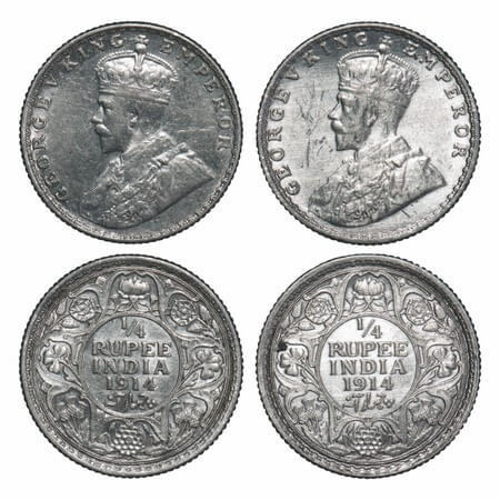 George V, Silver, 1/4 Rupee, (2 coins), 1914, Bombay Mint, Dot. F. Prid 456(2). GK 1086(2)