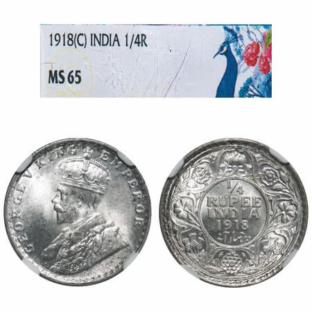 George V, SIlver, 1/4 Rupee, 1918, Calcutta Mint, No dot. F. Prid 447. GK 1091. NGC Slabbe