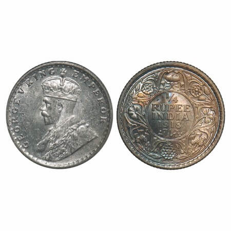 George V, SIlver, 1/4 Rupee, 1918, Calcutta Mint, No dot. F. Prid 447. GK 1091. Brilliant 
