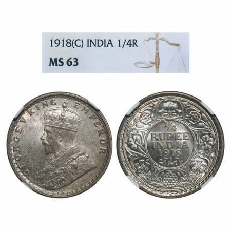 George V, SIlver, 1/4 Rupee, 1918, Calcutta Mint, No dot. F. Prid 447. GK 1091. NGC Slabbe