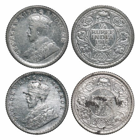 George V, Silver, 1/4 Rupee, (2 coins), 1918, 1919, Calcutta Mint, No dot. F. Prid 447, 44
