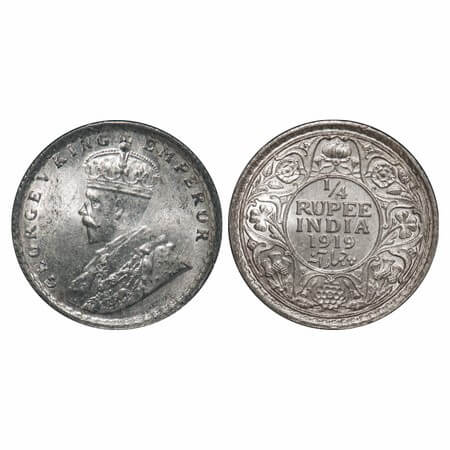 George V, Silver, 1/4 Rupee, 1919, Calcutta Mint, No dot. F. Prid 448. GK 1092. Brilliant 