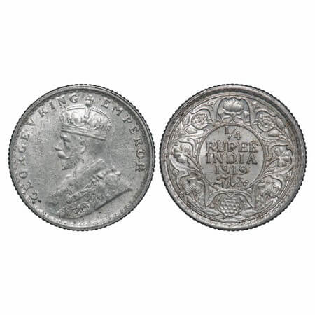 George V, Silver, 1/4 Rupee, 1919, Calcutta Mint, No dot. F. Prid 448. GK 1092. About Unci
