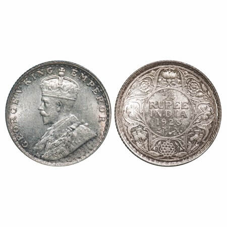 George V, Silver, 1/4 Rupee, 1928, Bombay Mint, Dot. F. Prid 459. GK 1095. Brilliant Uncir