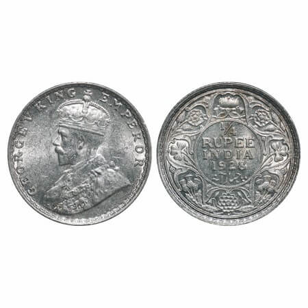George V, Silver, 1/4 Rupee, 1928, Bombay Mint, Dot. F. Prid 459. GK 1095. Uncirculated. V