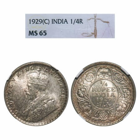 George V, Silver, 1/4 Rupee, 1929, Calcutta Mint, No dot. F. Prid 450. GK 1096. NGC Slabbe